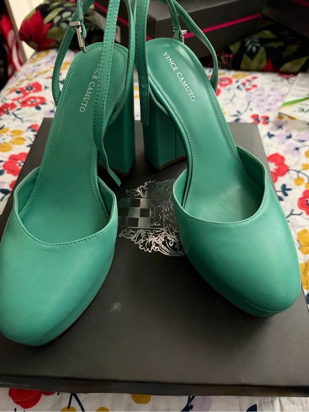 Vince Camuto Emerald Green Block Heel Slingback Pumps